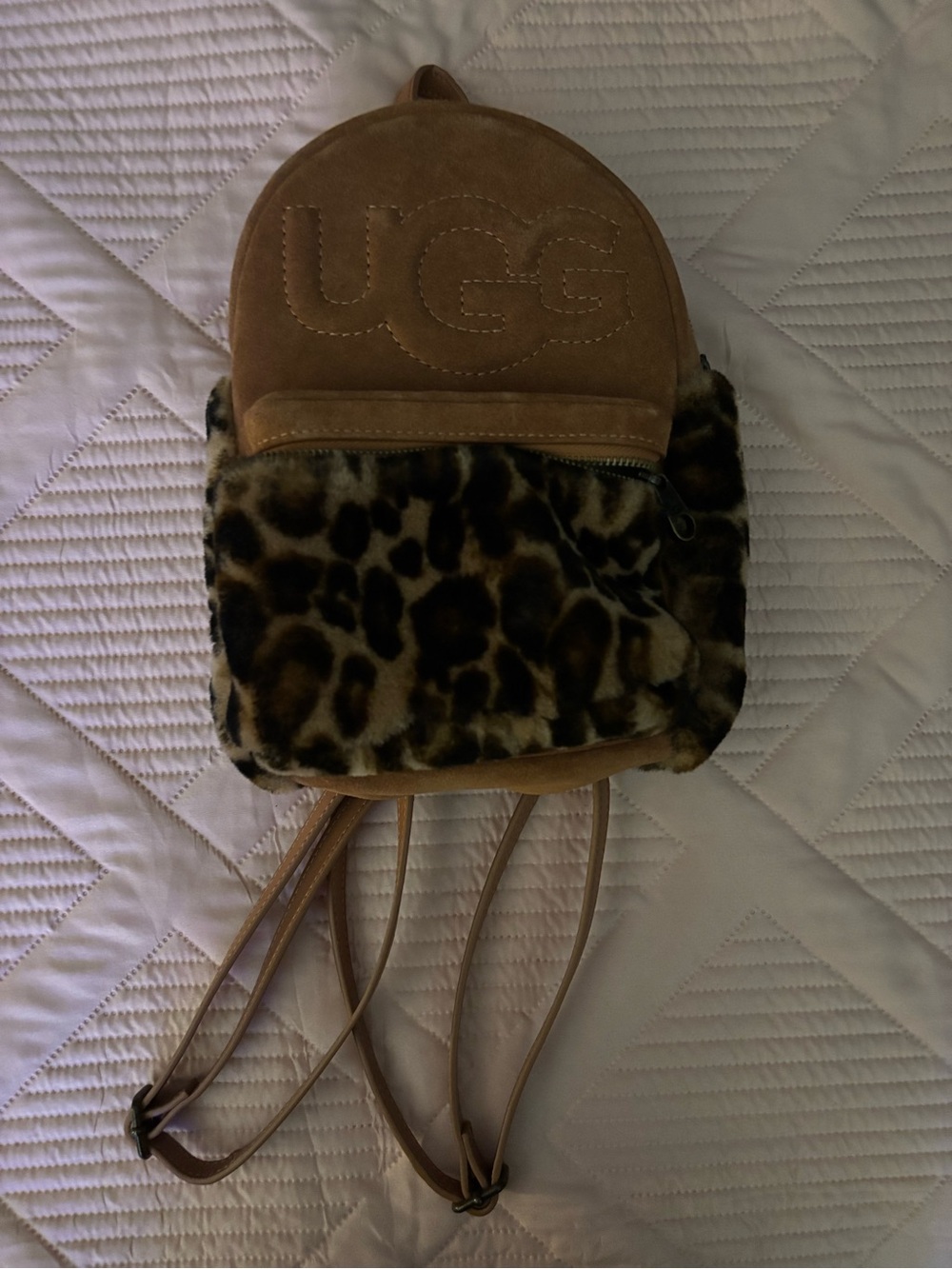 UGG Chestnut Suede Mini Backpack with Leopard Faux Fur Pocket